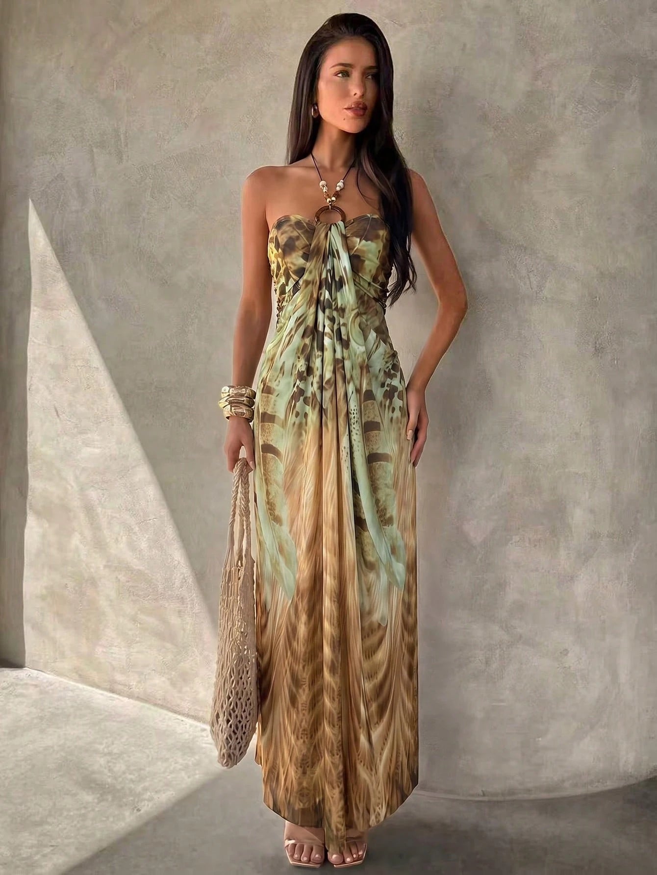 Aloruh Women's Spaghetti Strap Beaded Decor Leopard Print Fitted Long Dress Beach Vacation Light Green Summer - image 5