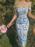 Skyraze Women's Floral Print Off Shoulder Ruched Fitted Dress Wedding Vacation Party Pink And White Polka Dot