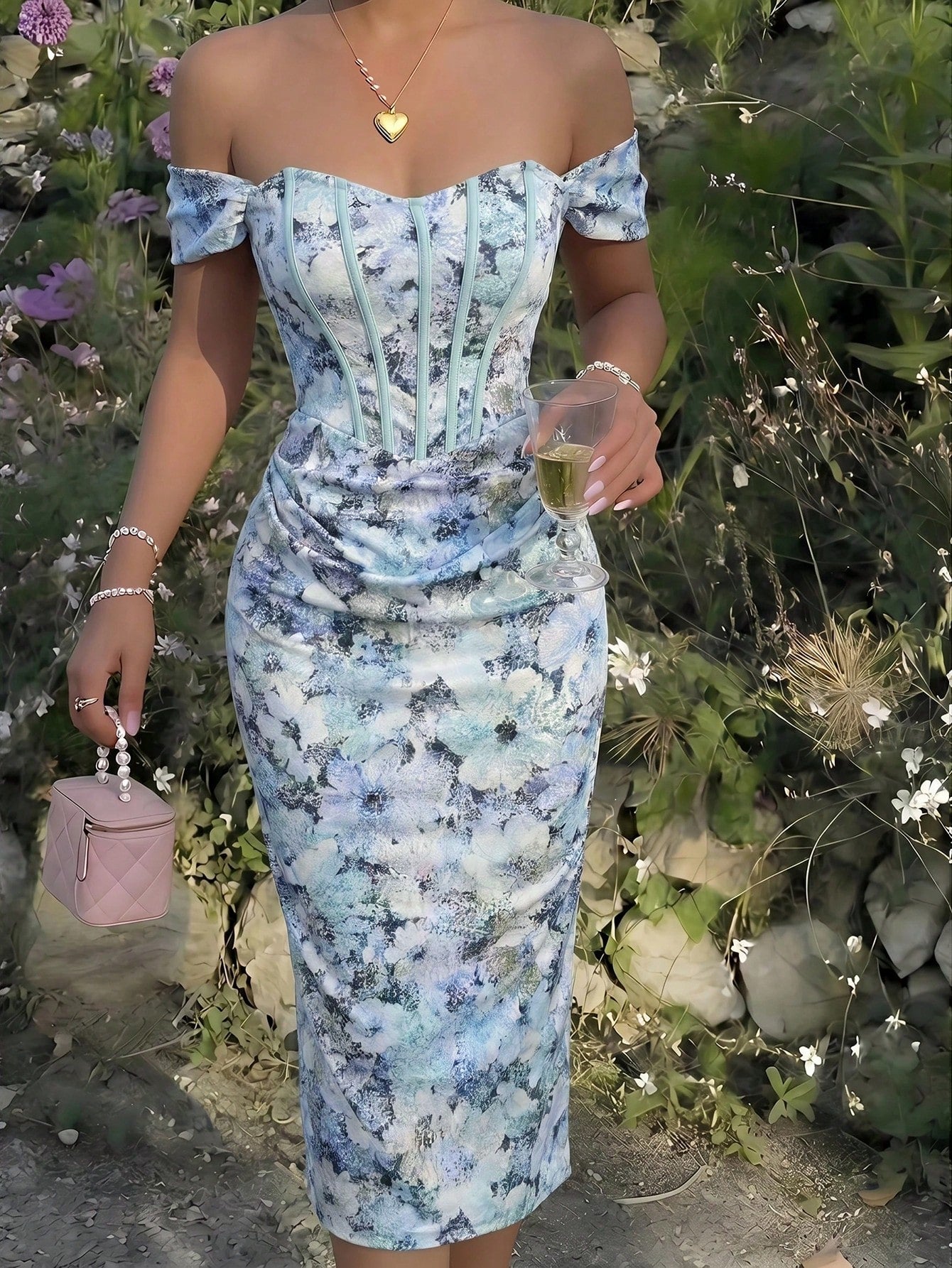 Skyraze Women's Floral Print Off Shoulder Ruched Fitted Dress Wedding Vacation Party Pink And White Polka Dot - image 3