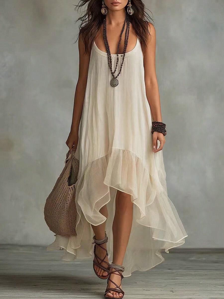 2026 Lazy And Relaxing Bohemian Vacation Solid Color Strap U Neck