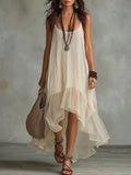 2026 Lazy And Relaxing Bohemian Vacation Solid Color Strap U Neck