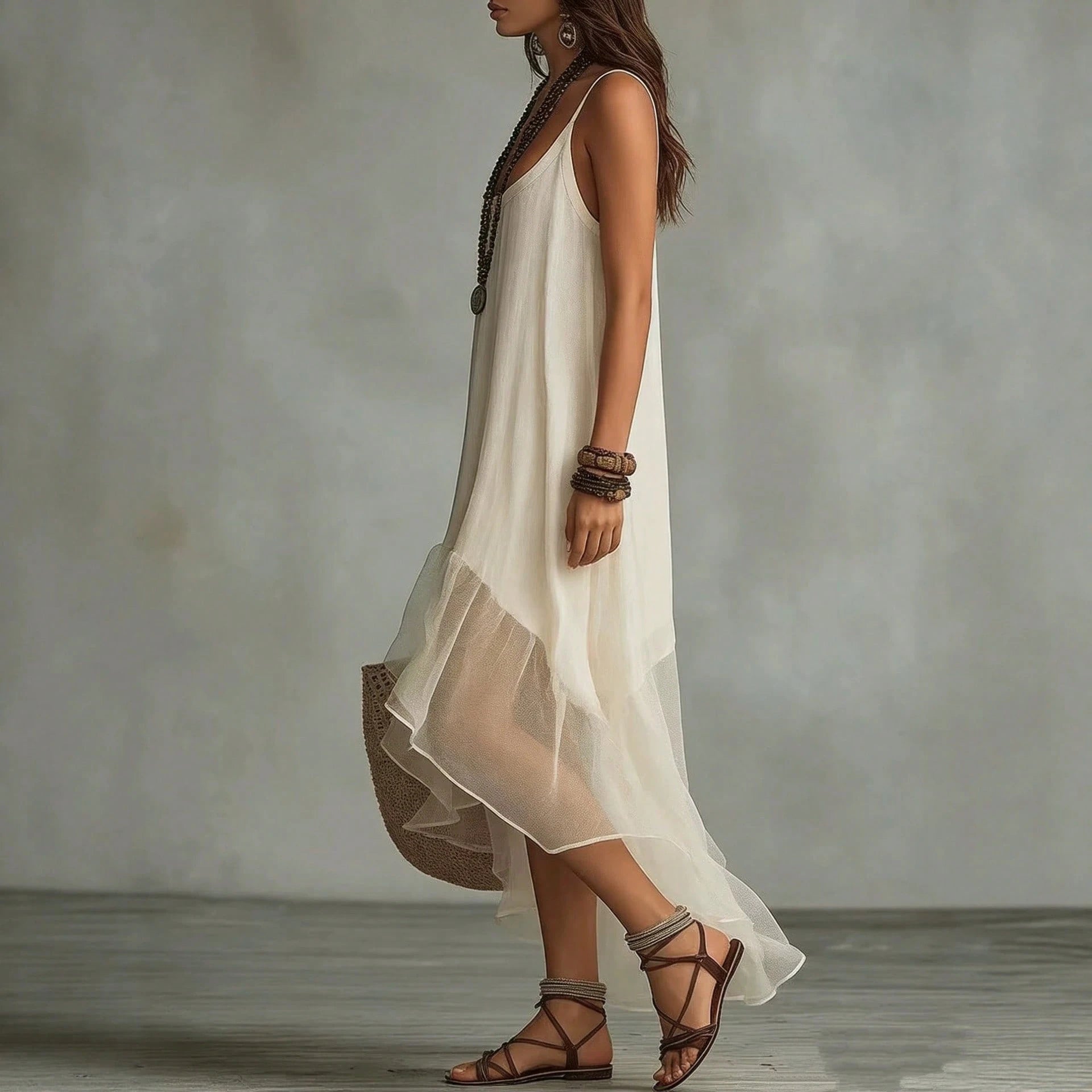 2026 Lazy And Relaxing Bohemian Vacation Solid Color Strap U Neck Women's Dress - image 2