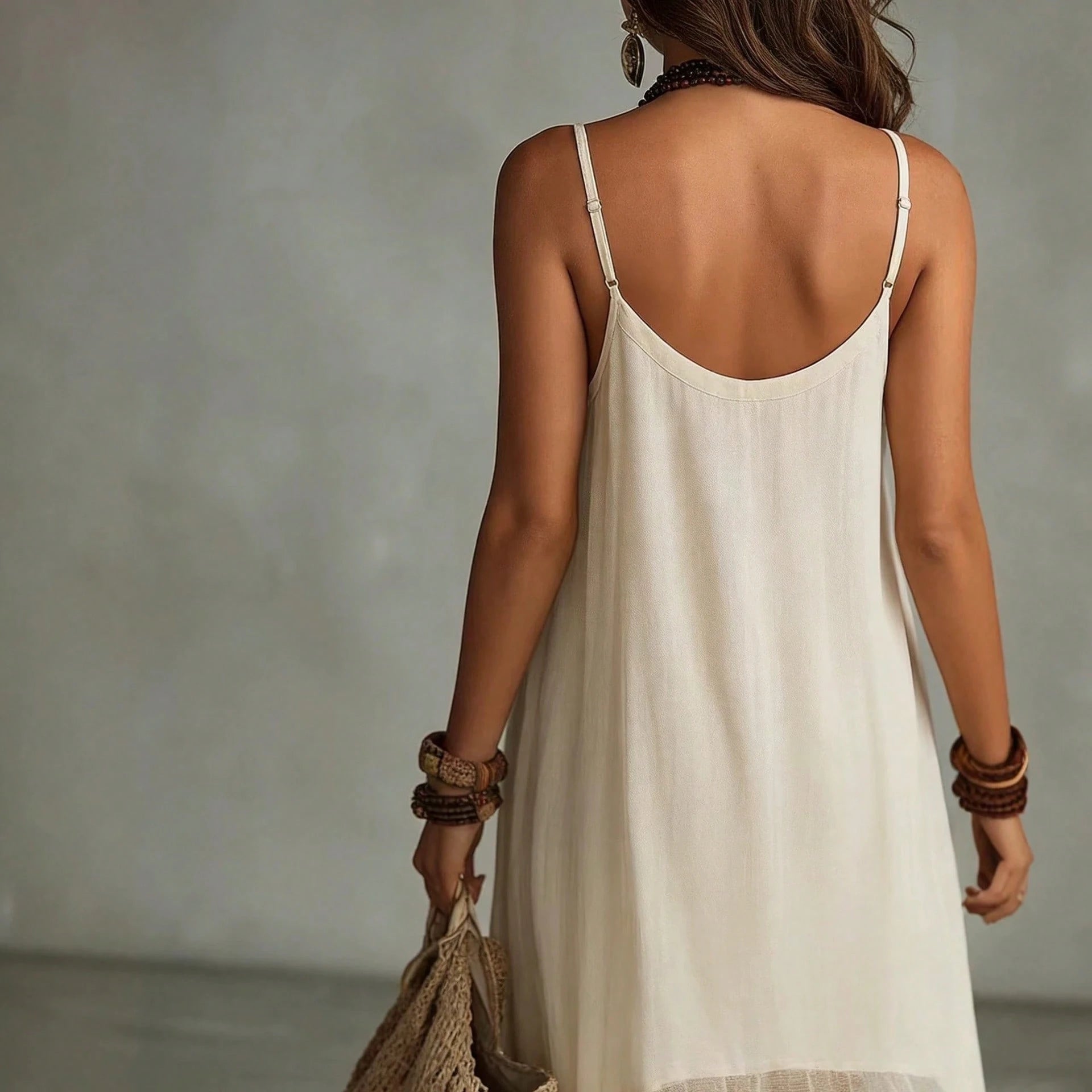 2026 Lazy And Relaxing Bohemian Vacation Solid Color Strap U Neck Women's Dress - image 5