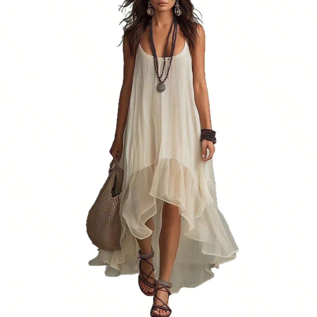 2026 Lazy And Relaxing Bohemian Vacation Solid Color Strap U Neck
