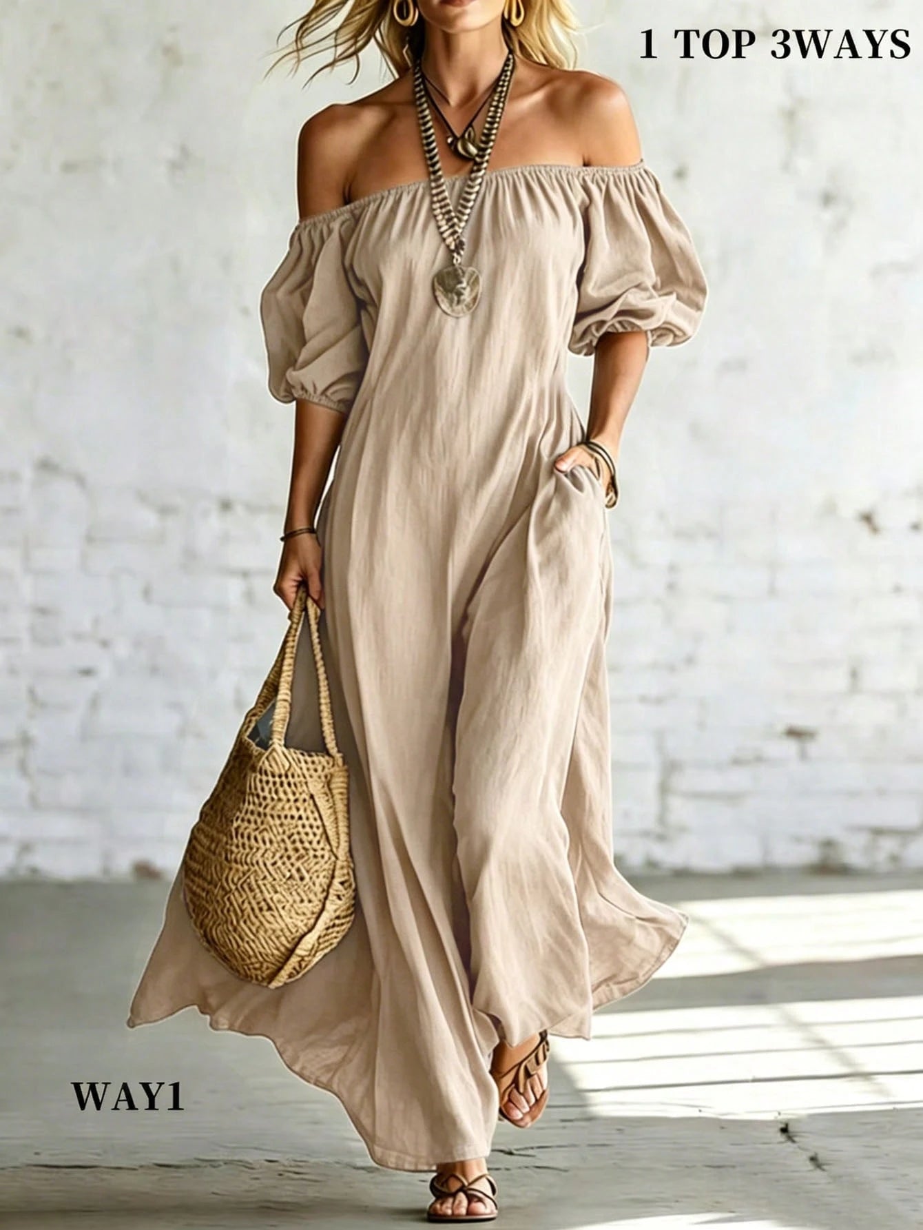 Holidaya Women's Vacation Casual Solid Color Off-Shoulder Dress