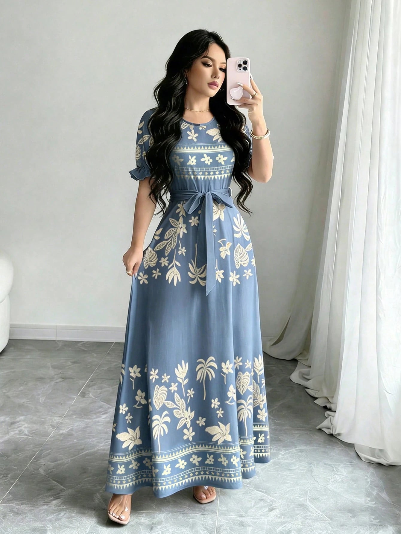 Modelyn Women's Fashion Round Neck Short Puff Sleeve Midi Dress With Belt,Blue - image 10