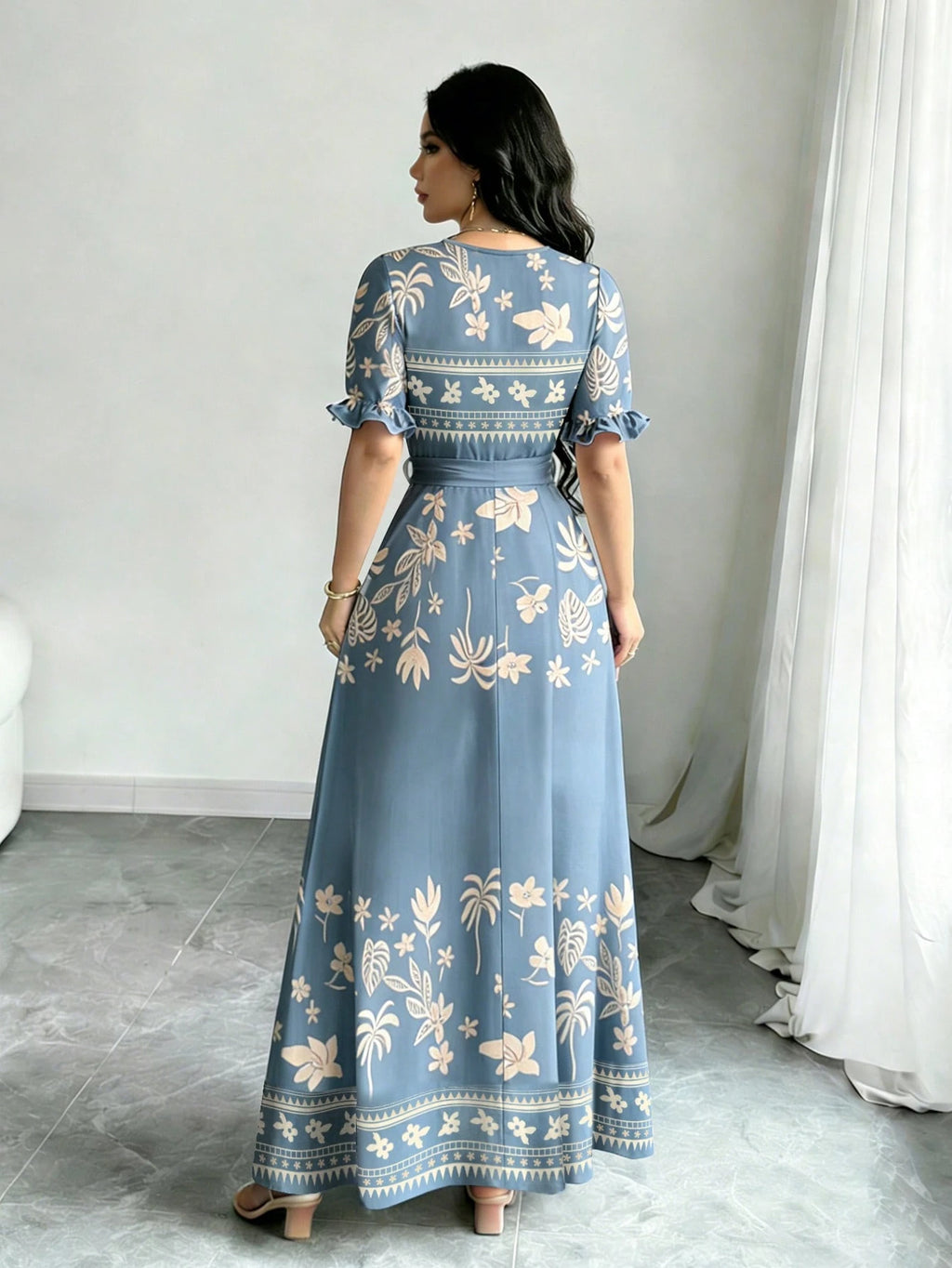 Modelyn Women's Fashion Round Neck Short Puff Sleeve Midi Dress With Belt,Blue - image 11