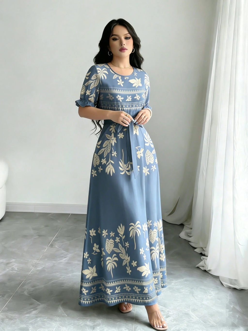 Modelyn Women's Fashion Round Neck Short Puff Sleeve Midi Dress With Belt,Blue - image 12