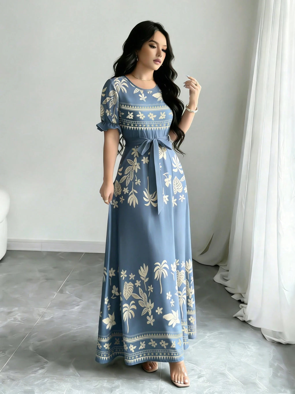 Modelyn Women's Fashion Round Neck Short Puff Sleeve Midi Dress With Belt,Blue - image 13