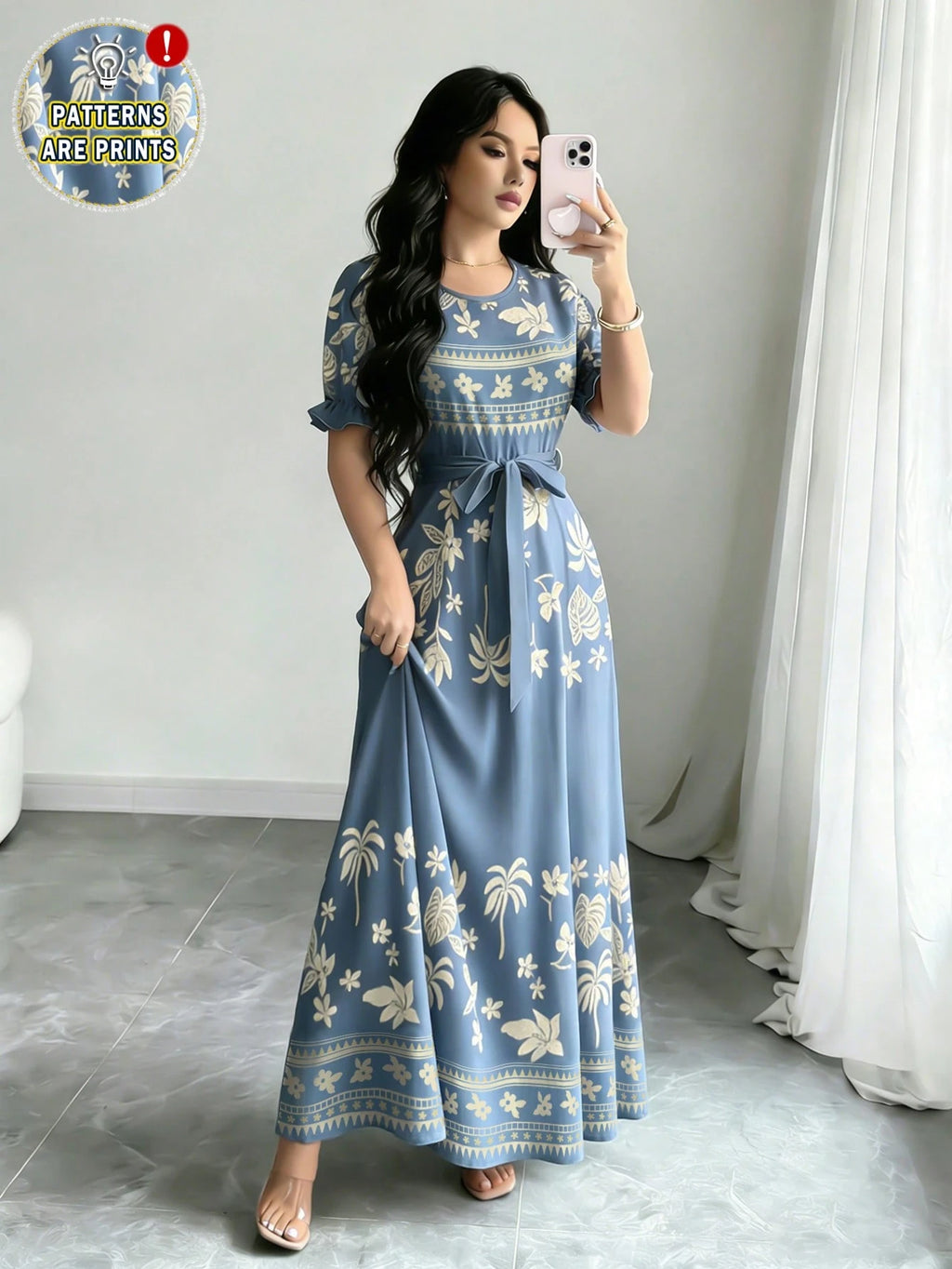 Modelyn Women's Fashion Round Neck Short Puff Sleeve Midi Dress With Belt,Blue - image 14