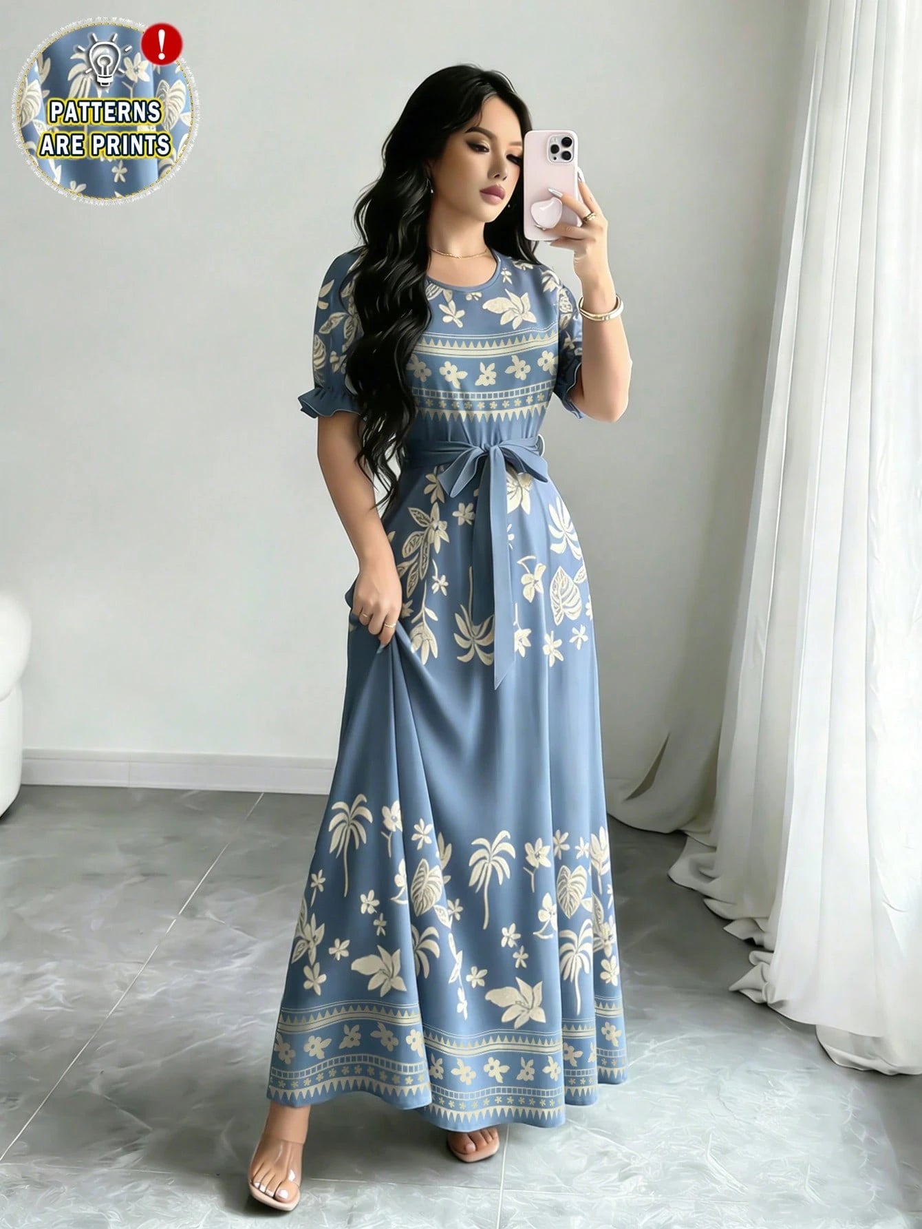 Modelyn Women's Fashion Round Neck Short Puff Sleeve Midi Dress With Belt,Blue - image 14