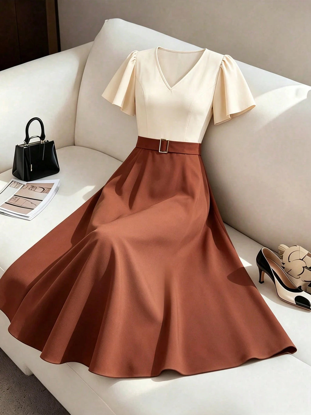 Elenzga Spring/Summer New V-Neck Ruffle Sleeve Decorative Buckle
