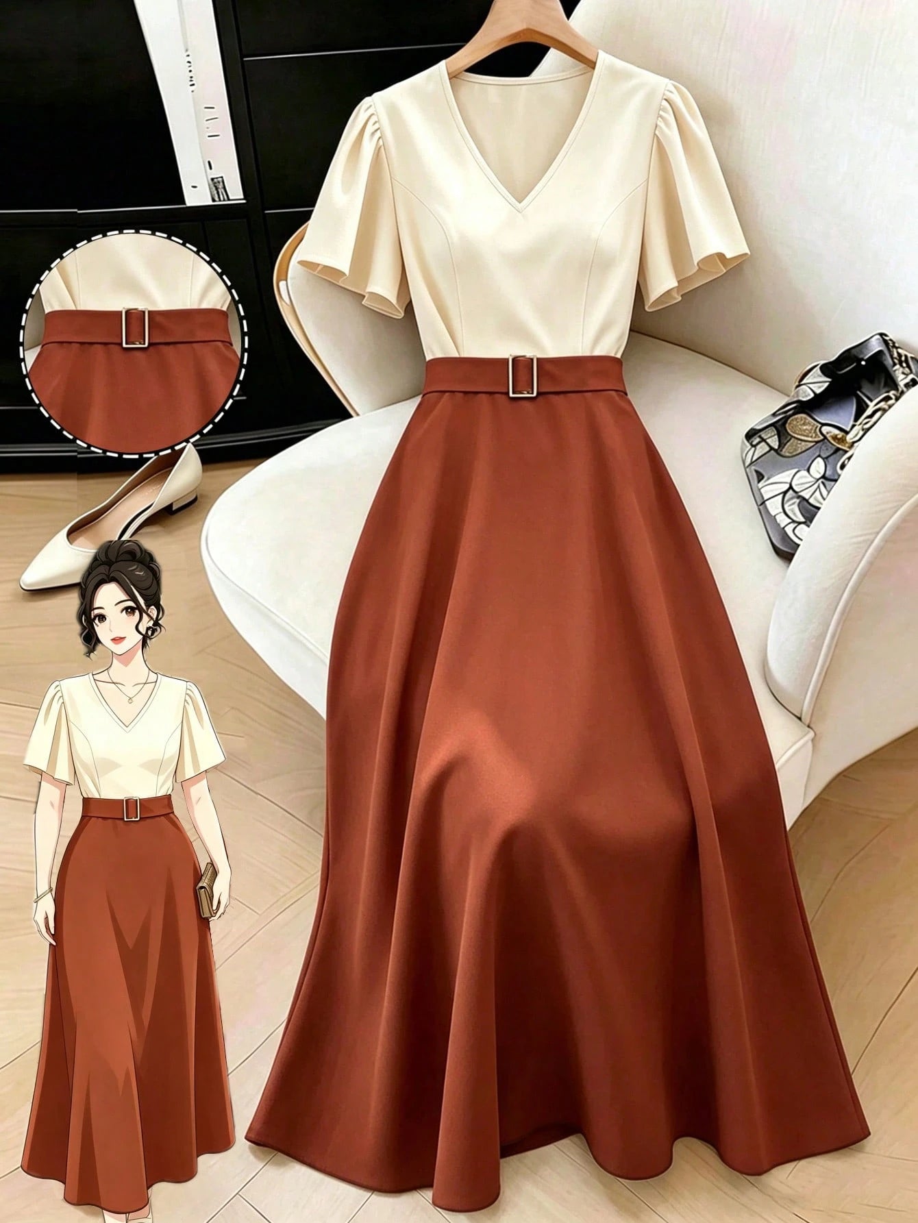 Elenzga Spring/Summer New V-Neck Ruffle Sleeve Decorative Buckle