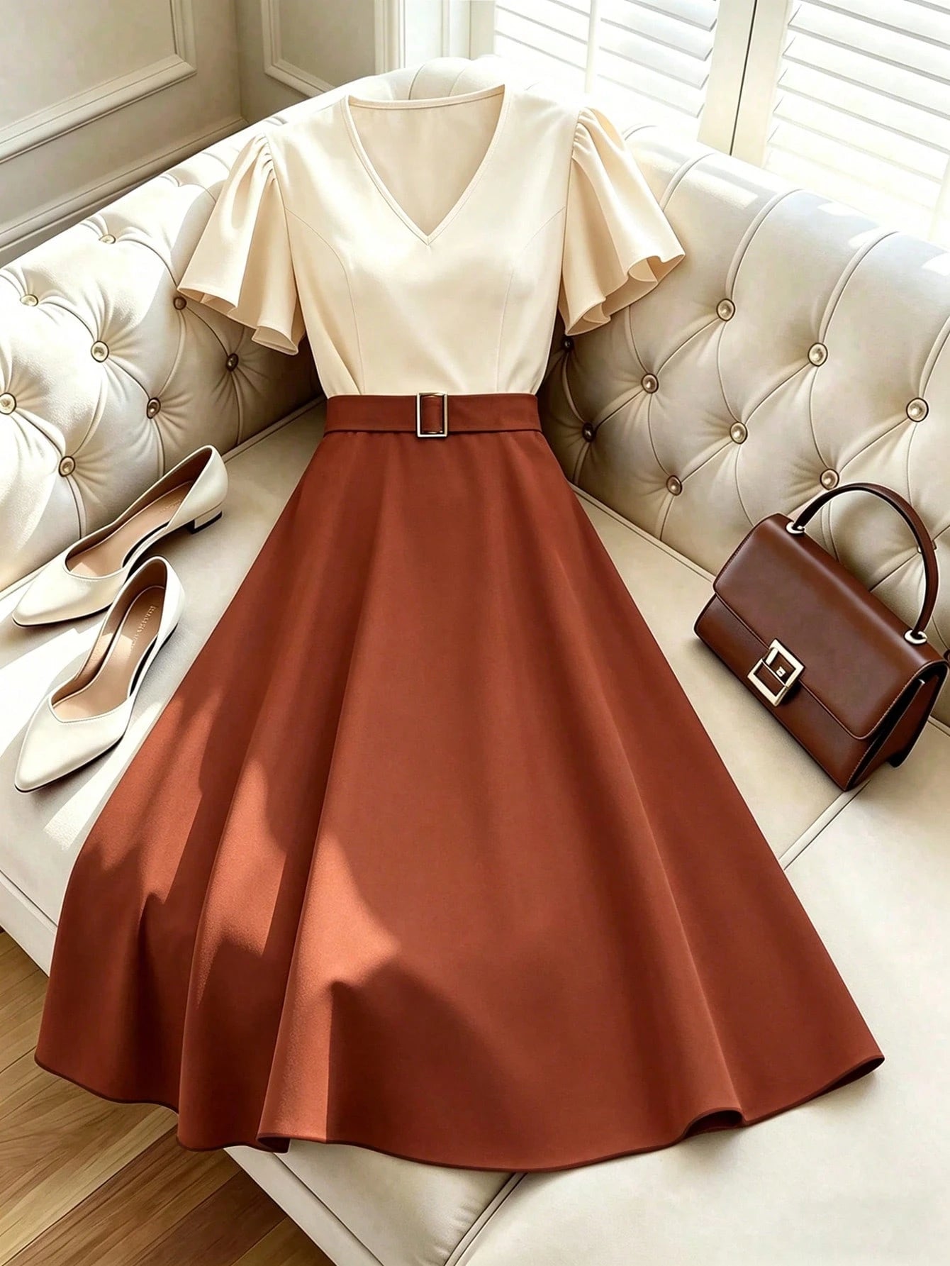Elenzga Spring/Summer New V-Neck Ruffle Sleeve Decorative Buckle