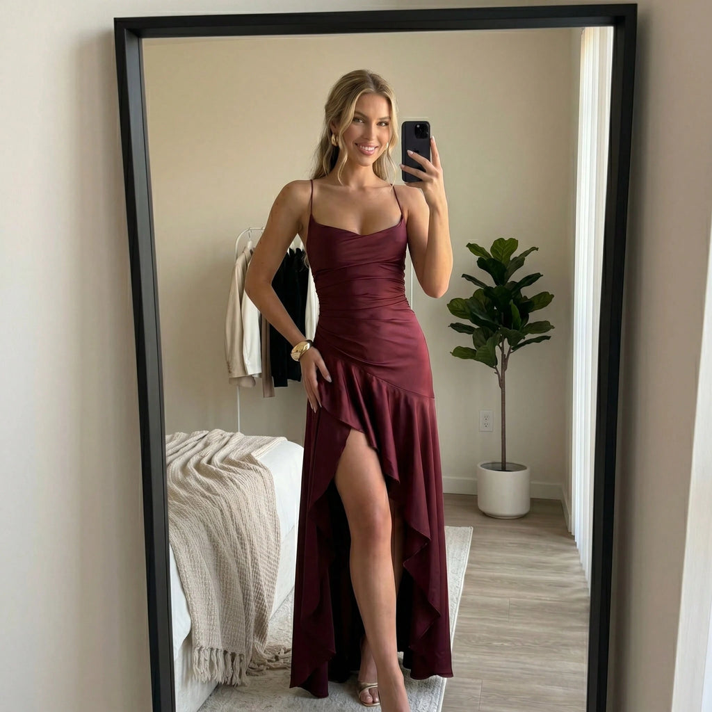 Women's Red Satin Cowl Neck Maxi Dress, Spaghetti Strap With Ruffle Slit Formal Evening Gown - image 7