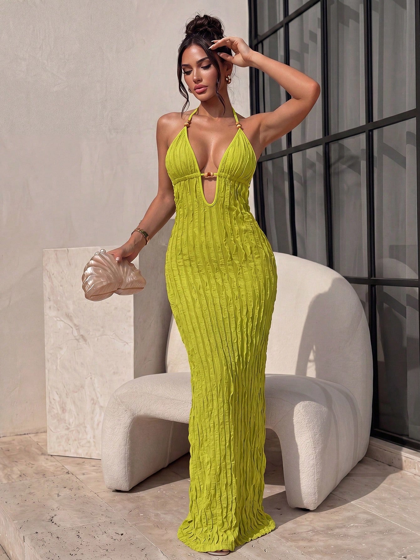 Swim SXY Women's New Summer Yellow Sexy Deep VU Neck Long Bag Dress