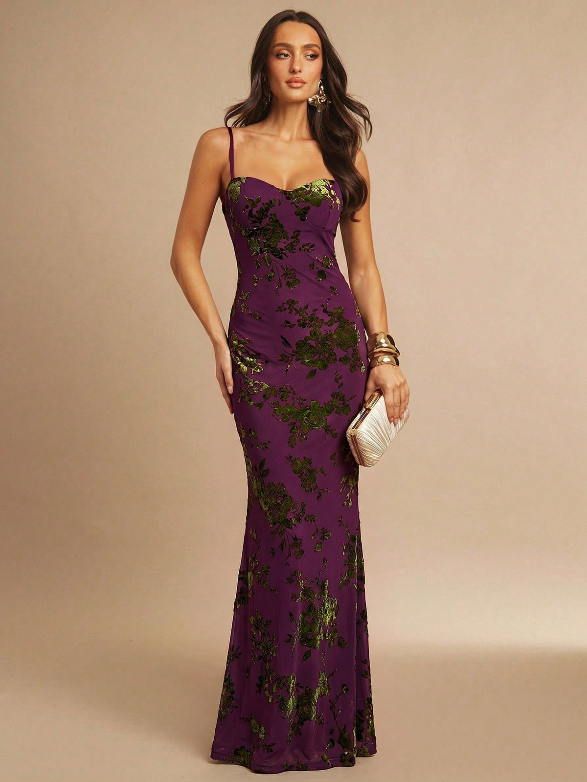 Silquee Women's Elegant Dark Brown 3D Floral Maxi Dress