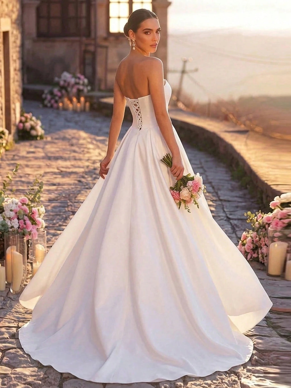 Glamrae Elegant Luxurious Satin Ruched Extra-Wide Hem Sexy Strapless Dress, Suitable For Weddings, Events, - image 3