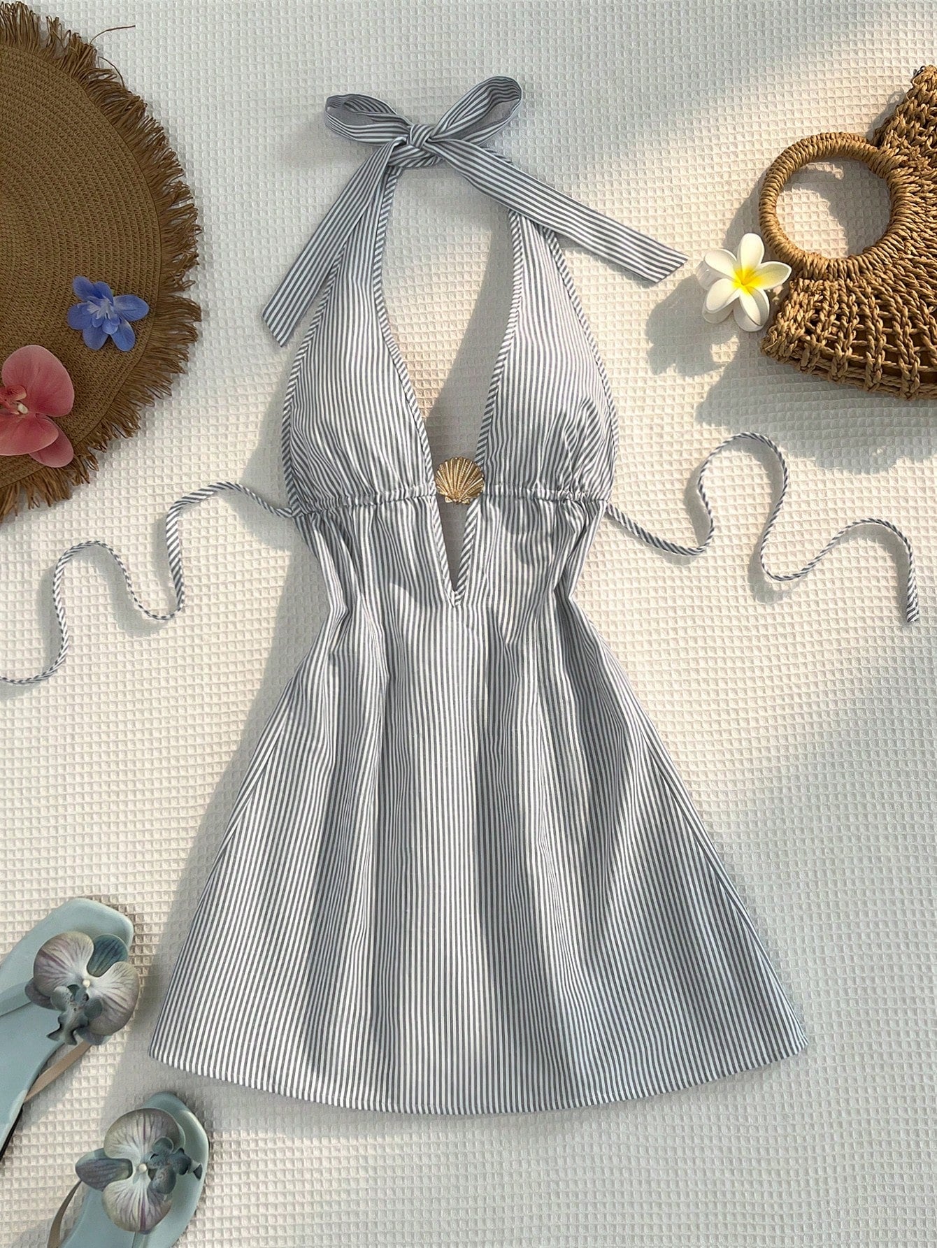 Sunnyshic Women Blue And White Stripe Bamboo Fiber Deep V Halter
