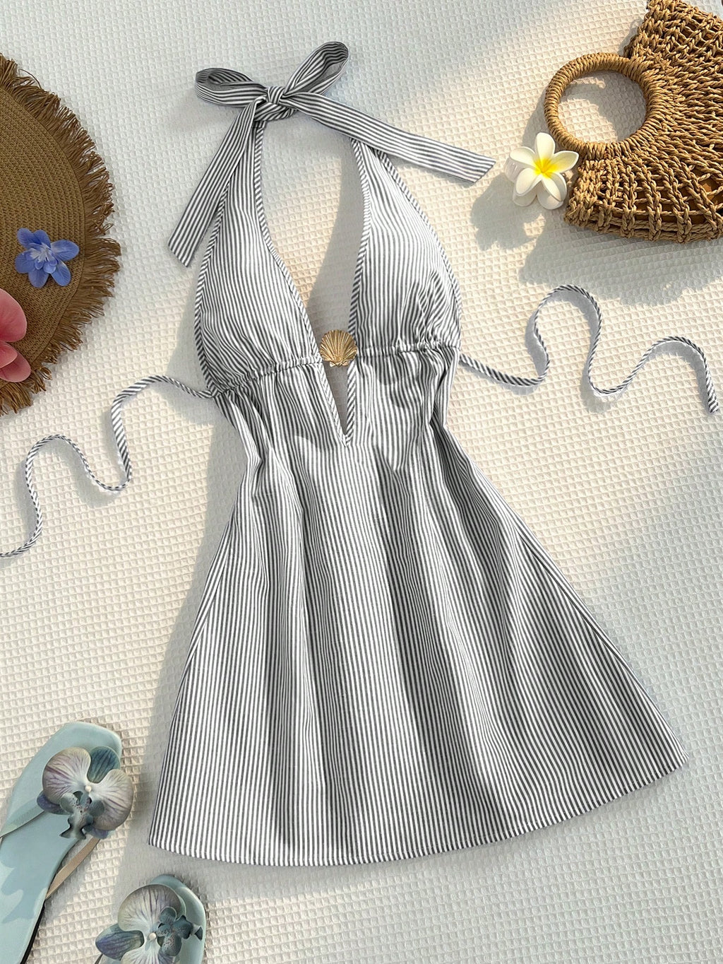 Sunnyshic Women Blue And White Stripe Bamboo Fiber Deep V Halter