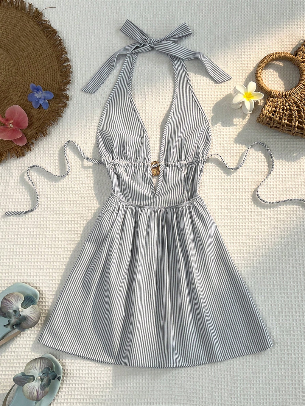 Sunnyshic Women Blue And White Stripe Bamboo Fiber Deep V Halter