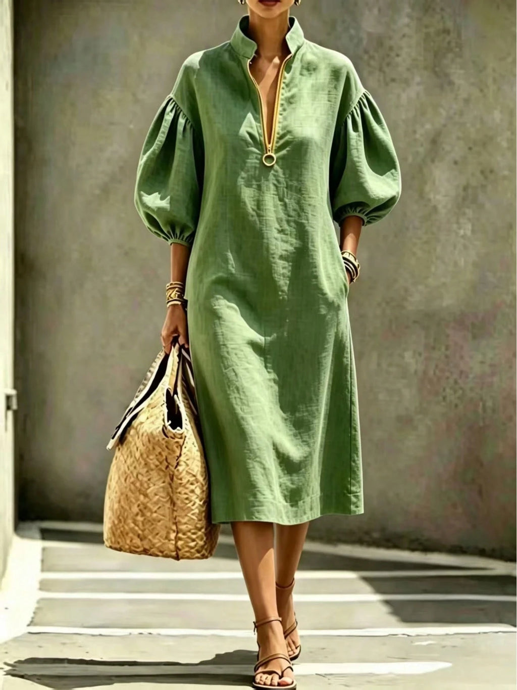 2026 Summer New Stand Collar Half Zip Puff Sleeve Loose Midi Shirt