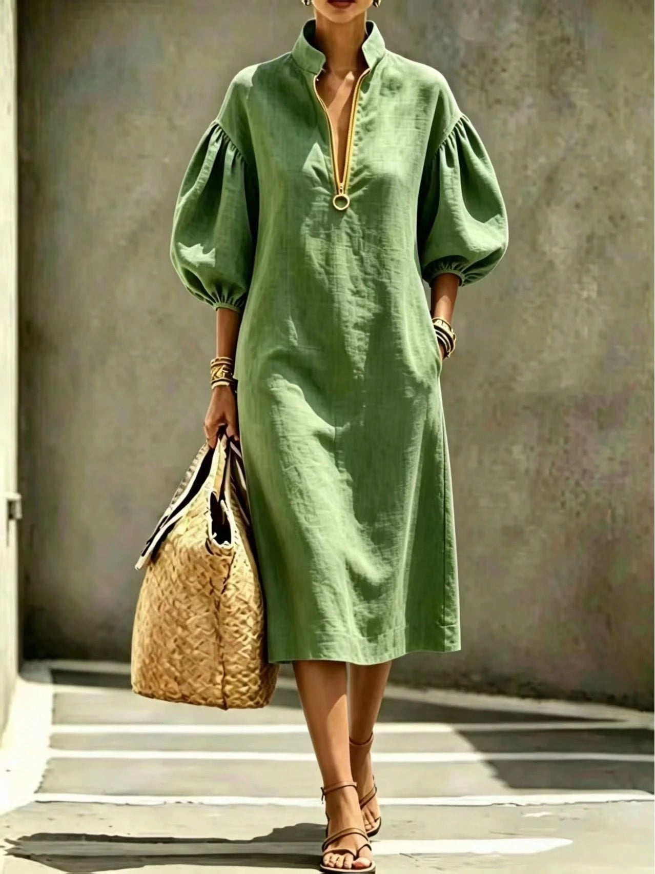 2026 Summer New Stand Collar Half Zip Puff Sleeve Loose Midi Shirt