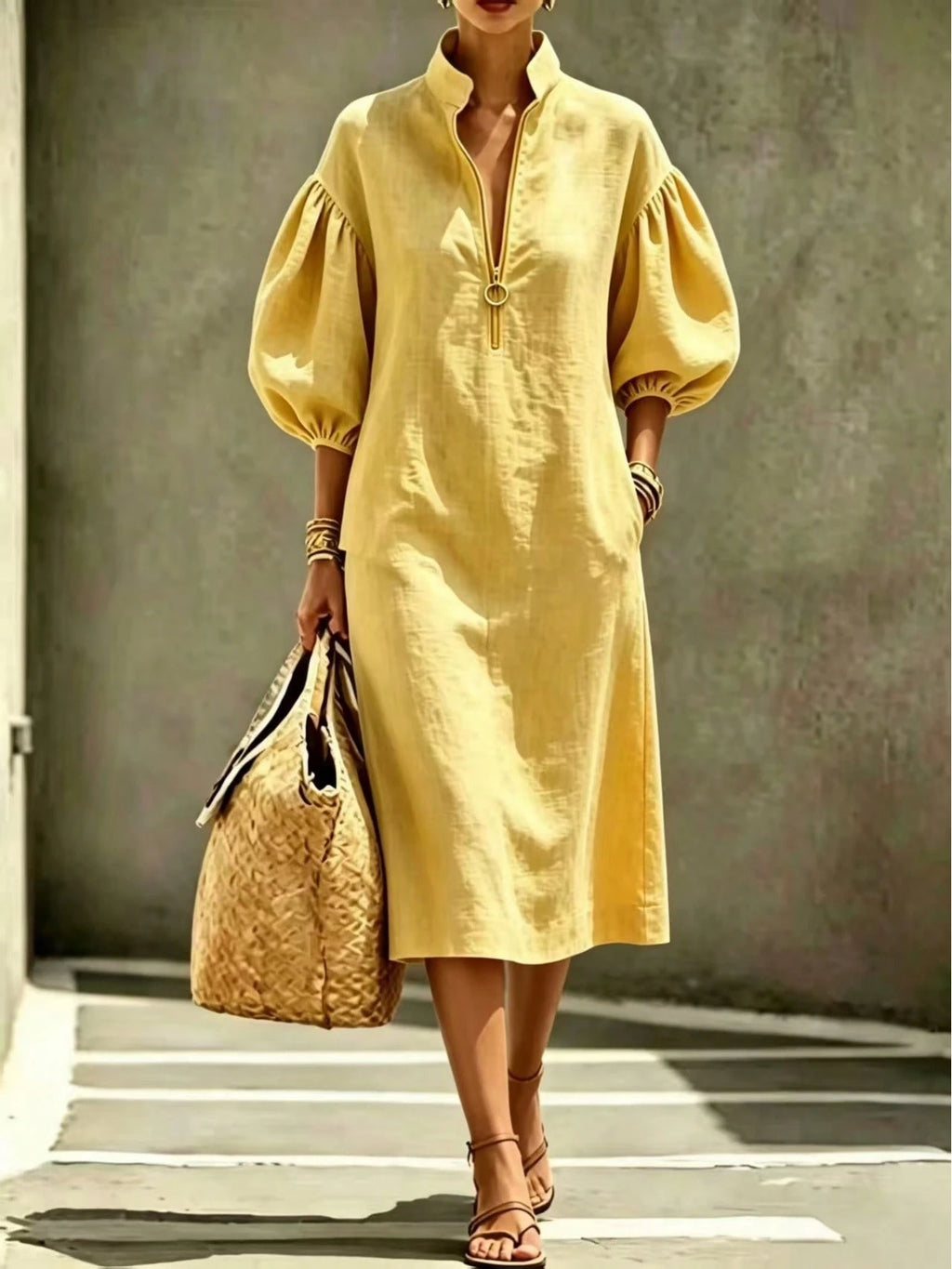 2026 Summer New Stand Collar Half Zip Puff Sleeve Loose Midi Shirt