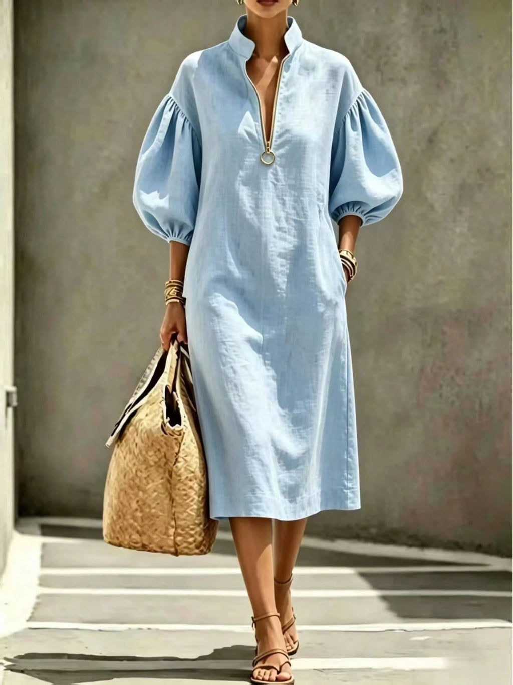 2026 Summer New Stand Collar Half Zip Puff Sleeve Loose Midi Shirt