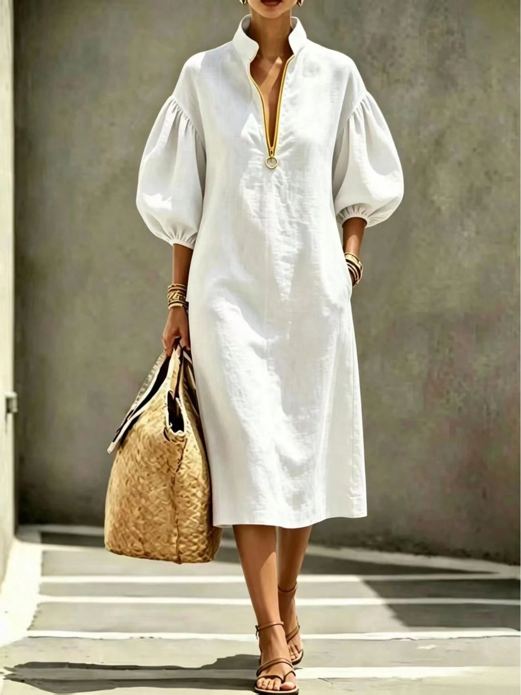 2026 Summer New Stand Collar Half Zip Puff Sleeve Loose Midi Shirt