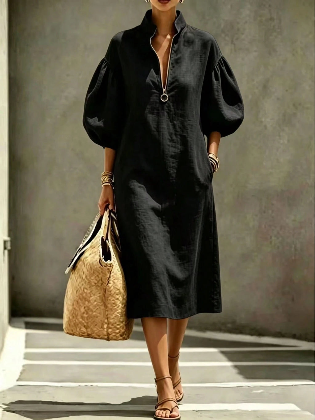 2026 Summer New Stand Collar Half Zip Puff Sleeve Loose Midi Shirt