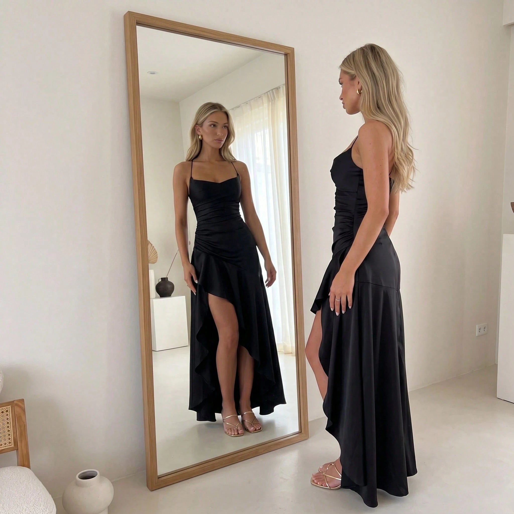 Women's Red Satin Cowl Neck Maxi Dress, Spaghetti Strap With Ruffle Slit Formal Evening Gown - image 16