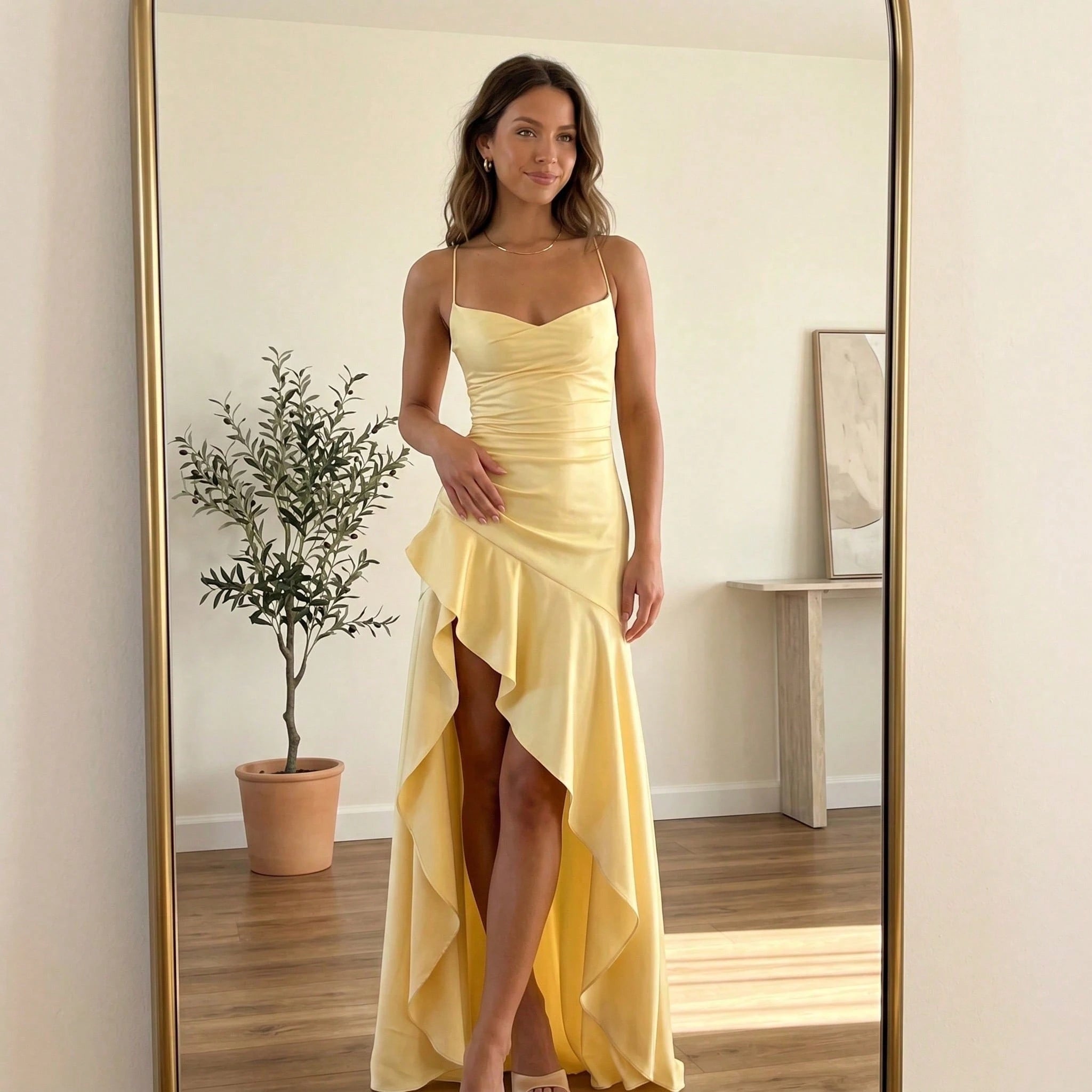 Women's Red Satin Cowl Neck Maxi Dress, Spaghetti Strap With Ruffle Slit Formal Evening Gown - image 17