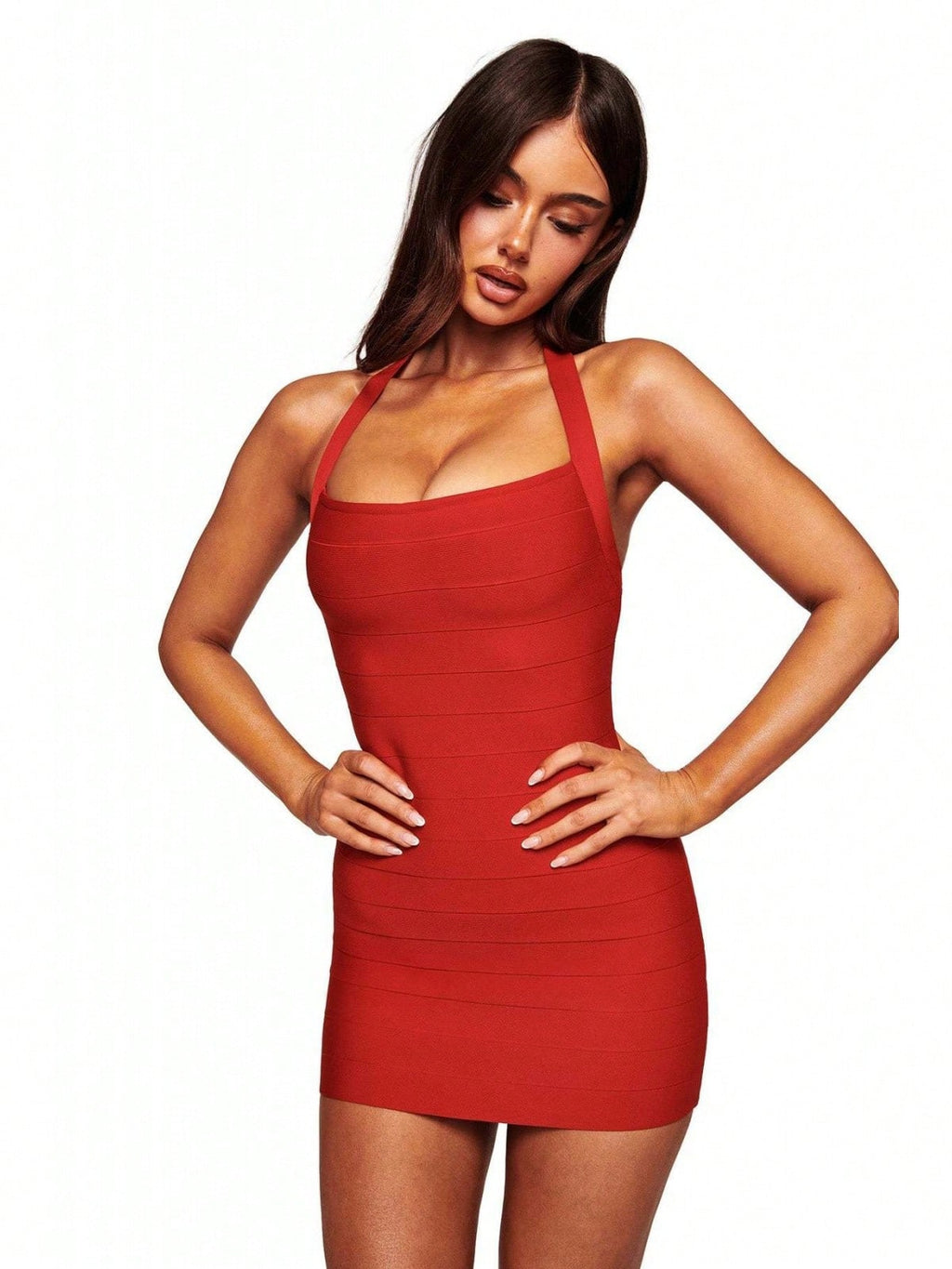 2026 New Solid Ribbed Halter Mini Dress, U Neck Stretch Bodycon