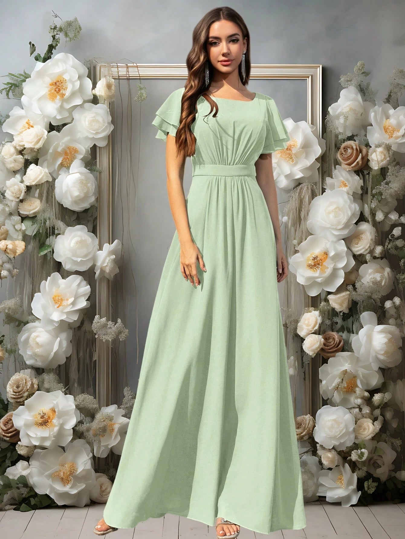 Volly Toych Elegant Light Blue Bridesmaid Dress, Flowing Chiffon Maxi