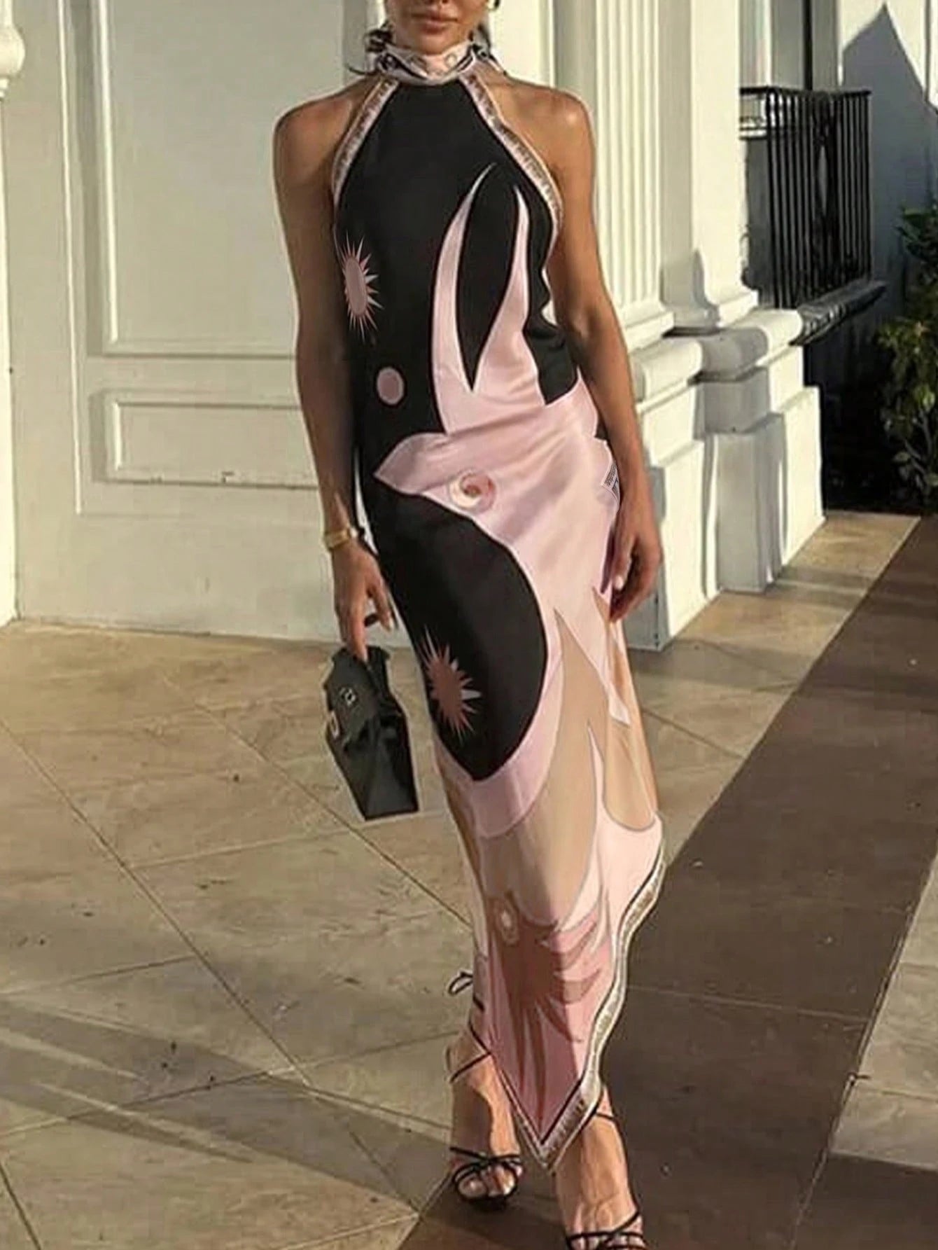 Summer Black Background Pink Floral Print Wrap Strap Dress,