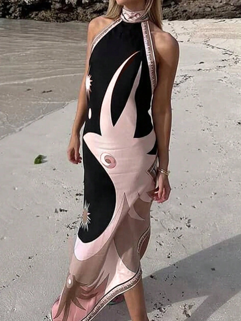 Summer Black Background Pink Floral Print Wrap Strap Dress,