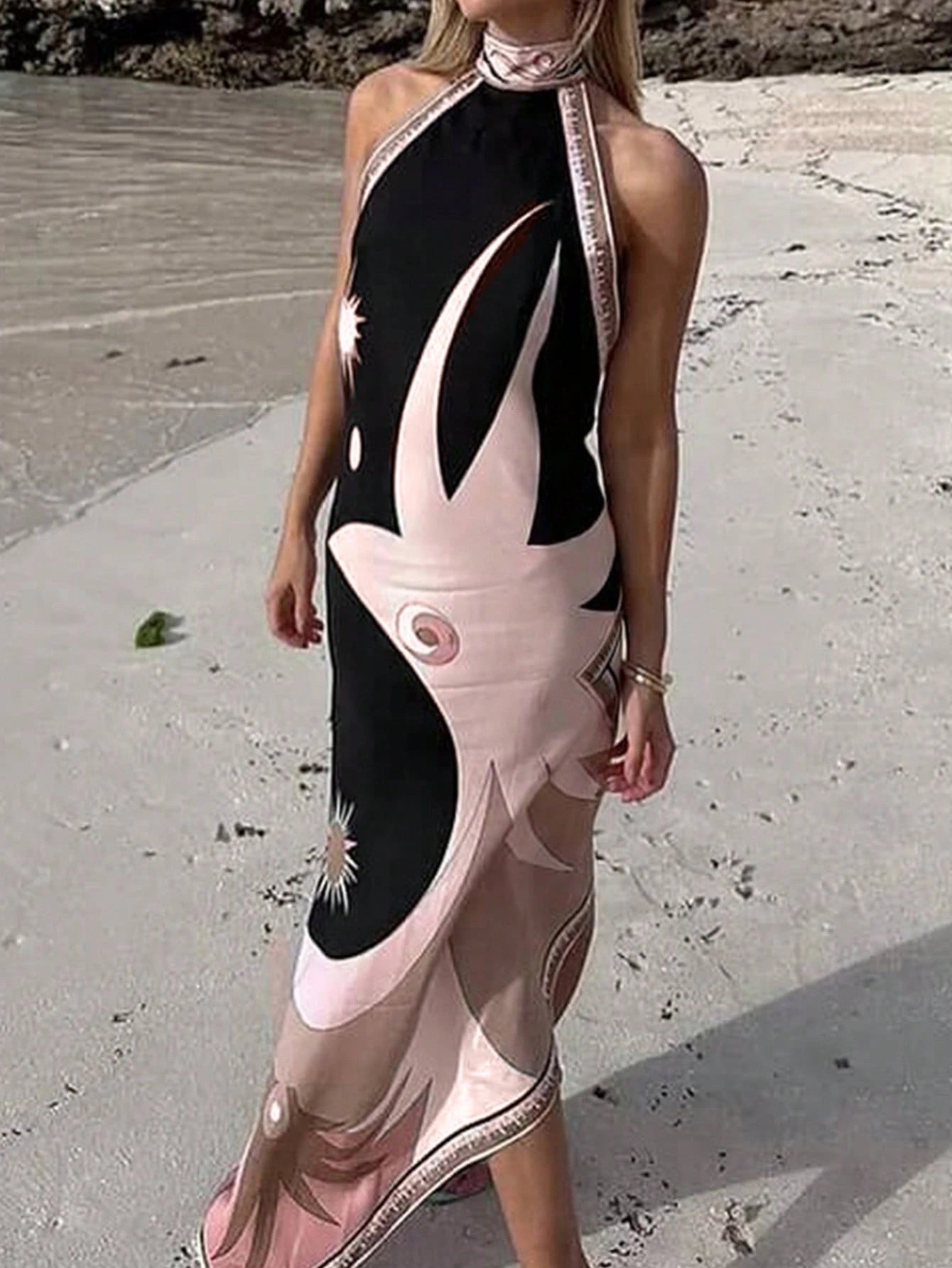 Summer Black Background Pink Floral Print Wrap Strap Dress,