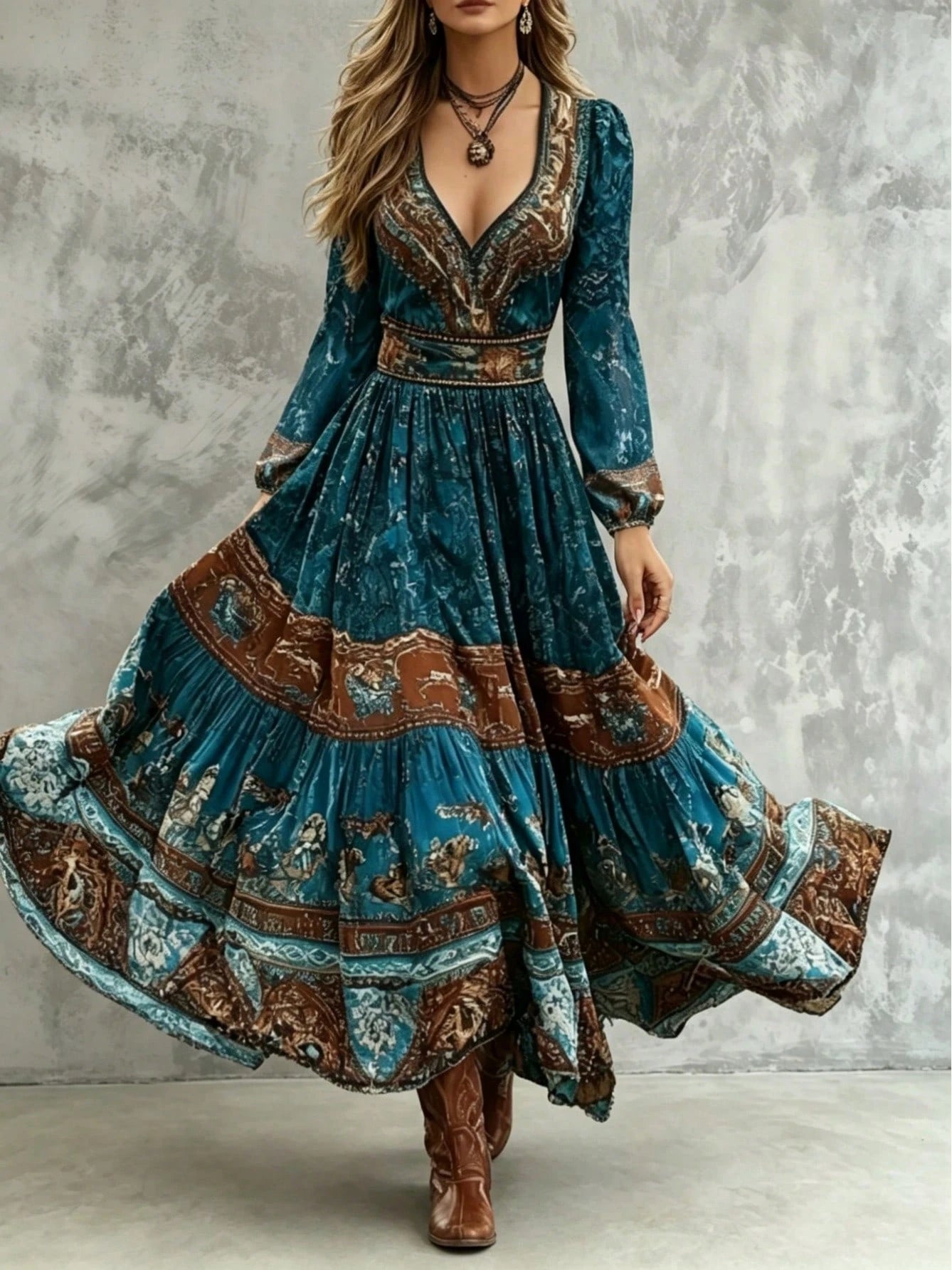 European American Quiet Luxury Boutique Women'S Clothing, Boho Western Print Maxi Dress With Deep V-Neck,