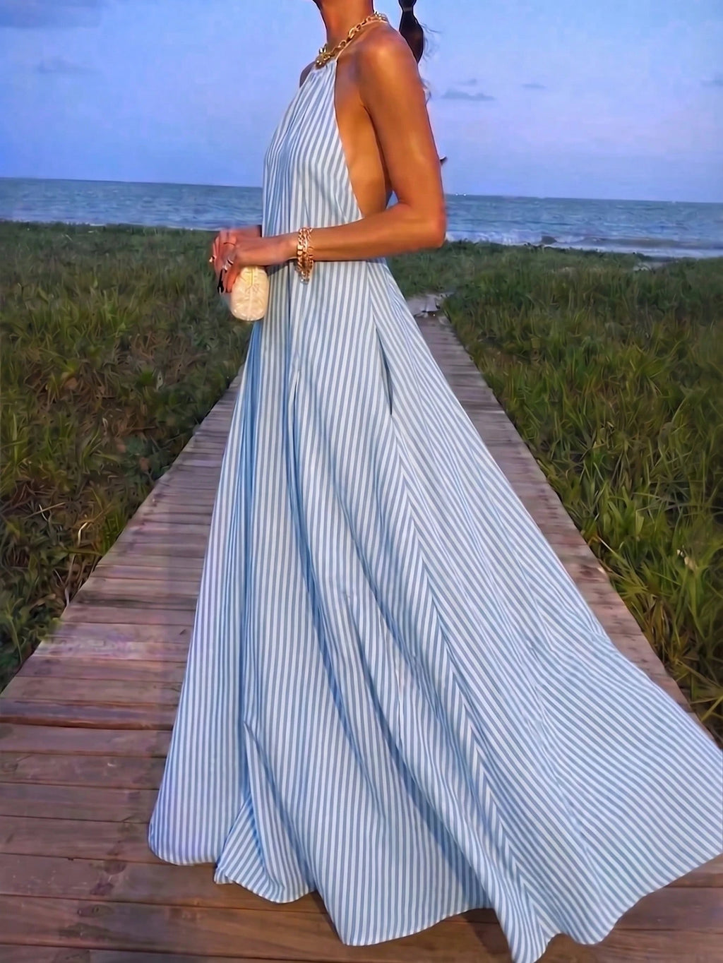 Women's Halter Neck Sleeveless Long Dress With Pockets, Elegant