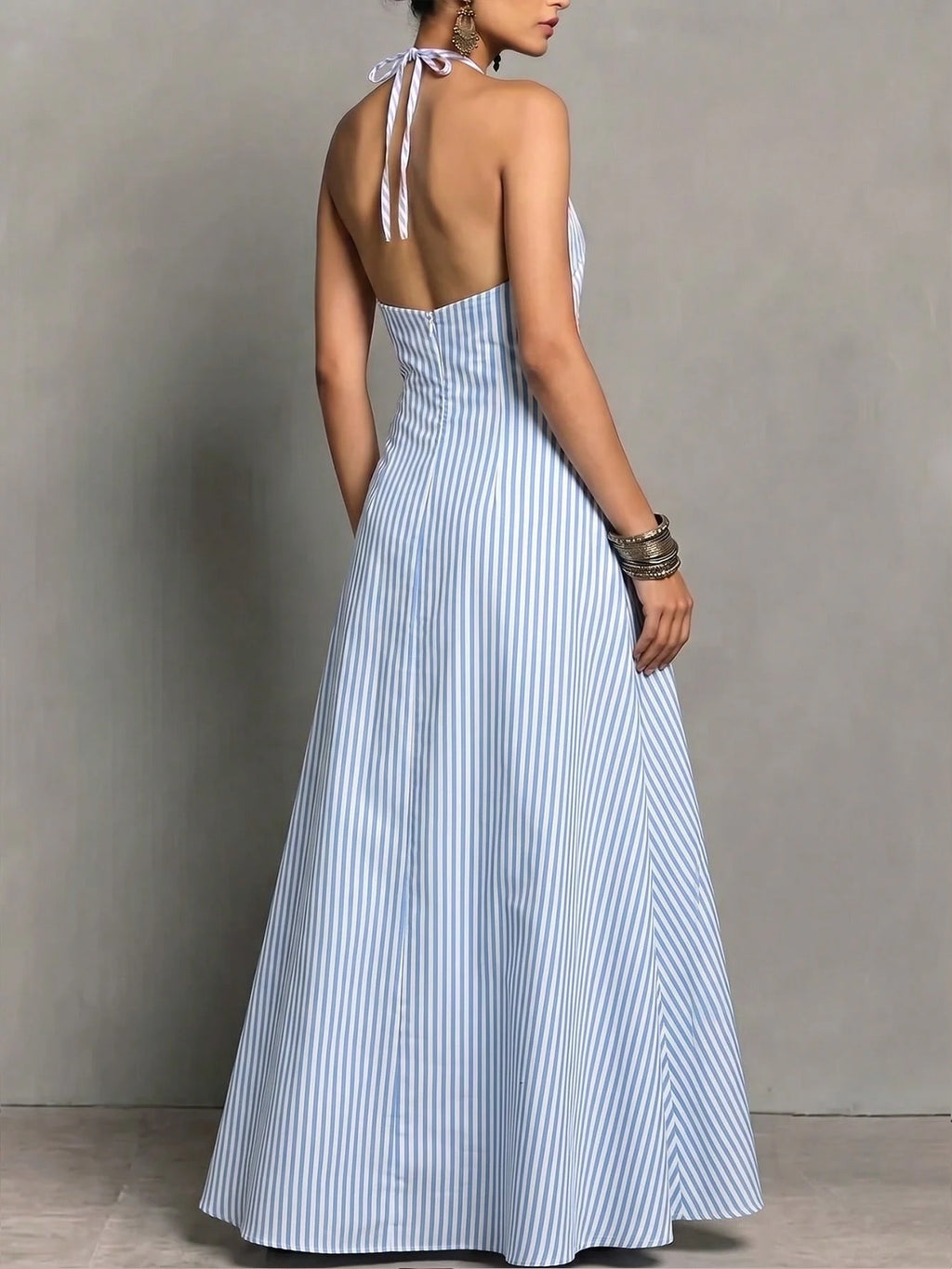 Women's Halter Neck Sleeveless Long Dress With Pockets, Elegant