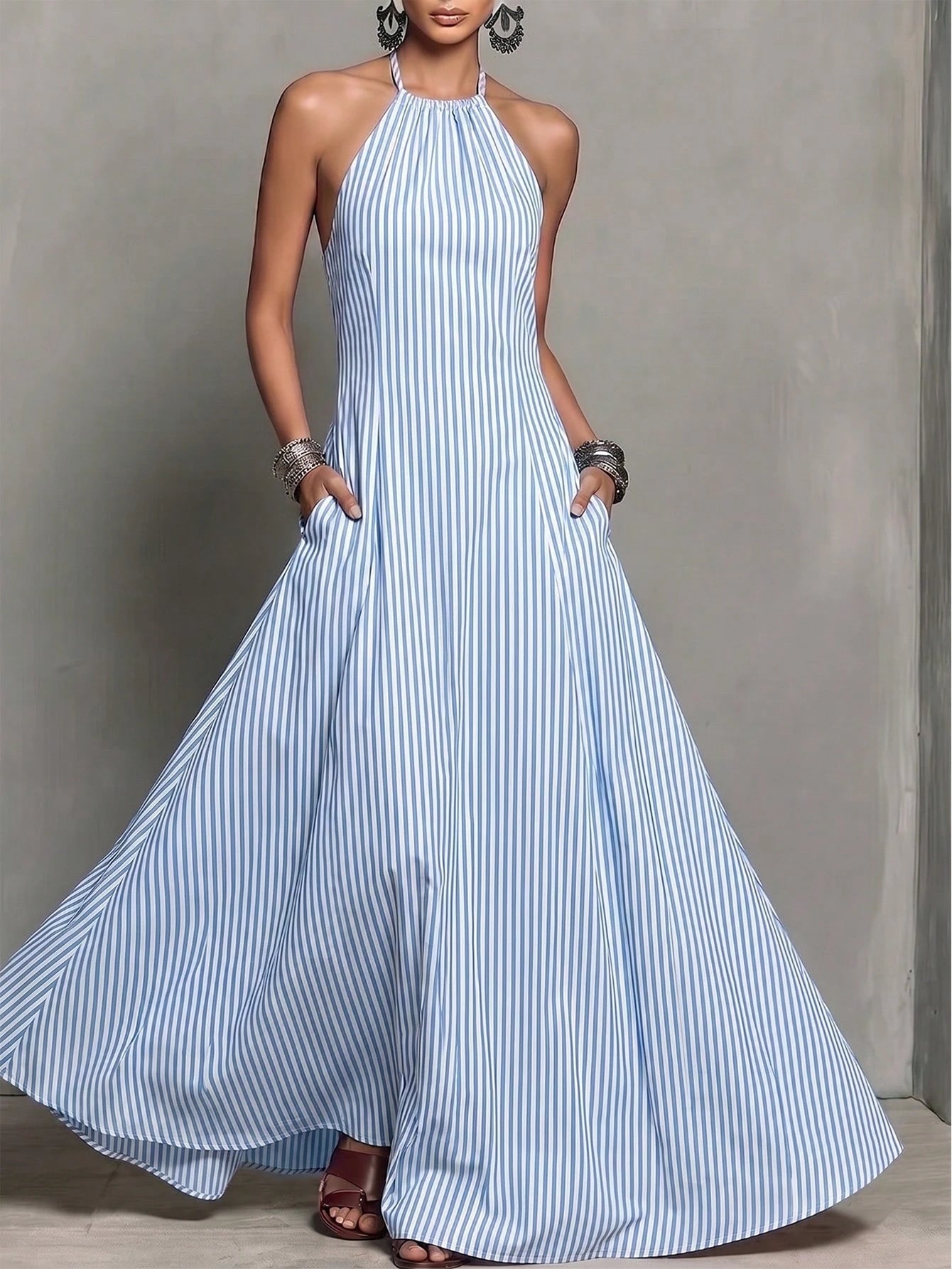 Women's Halter Neck Sleeveless Long Dress With Pockets, Elegant Backless Dress For Date And Evening Party - image 9