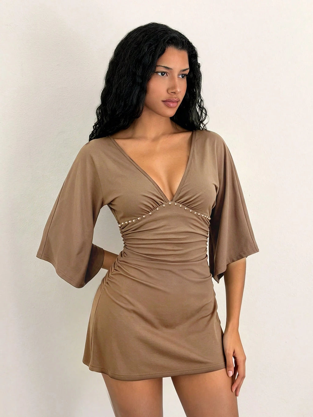 Jeanoix 26 Spring/Summer New Sexy Deep V-Neck Studded Decor Flared