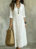 Omancia Women's Elegant Boho White Floral Embroidered Maxi