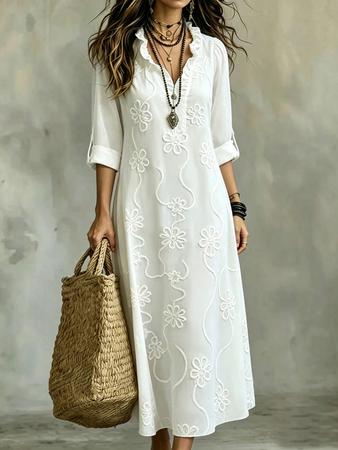 Omancia Women's Elegant Boho White Floral Embroidered Maxi