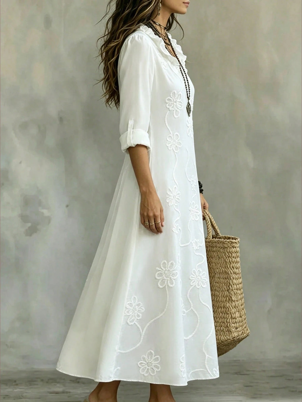 Omancia Women's Elegant Boho White Floral Embroidered Maxi
