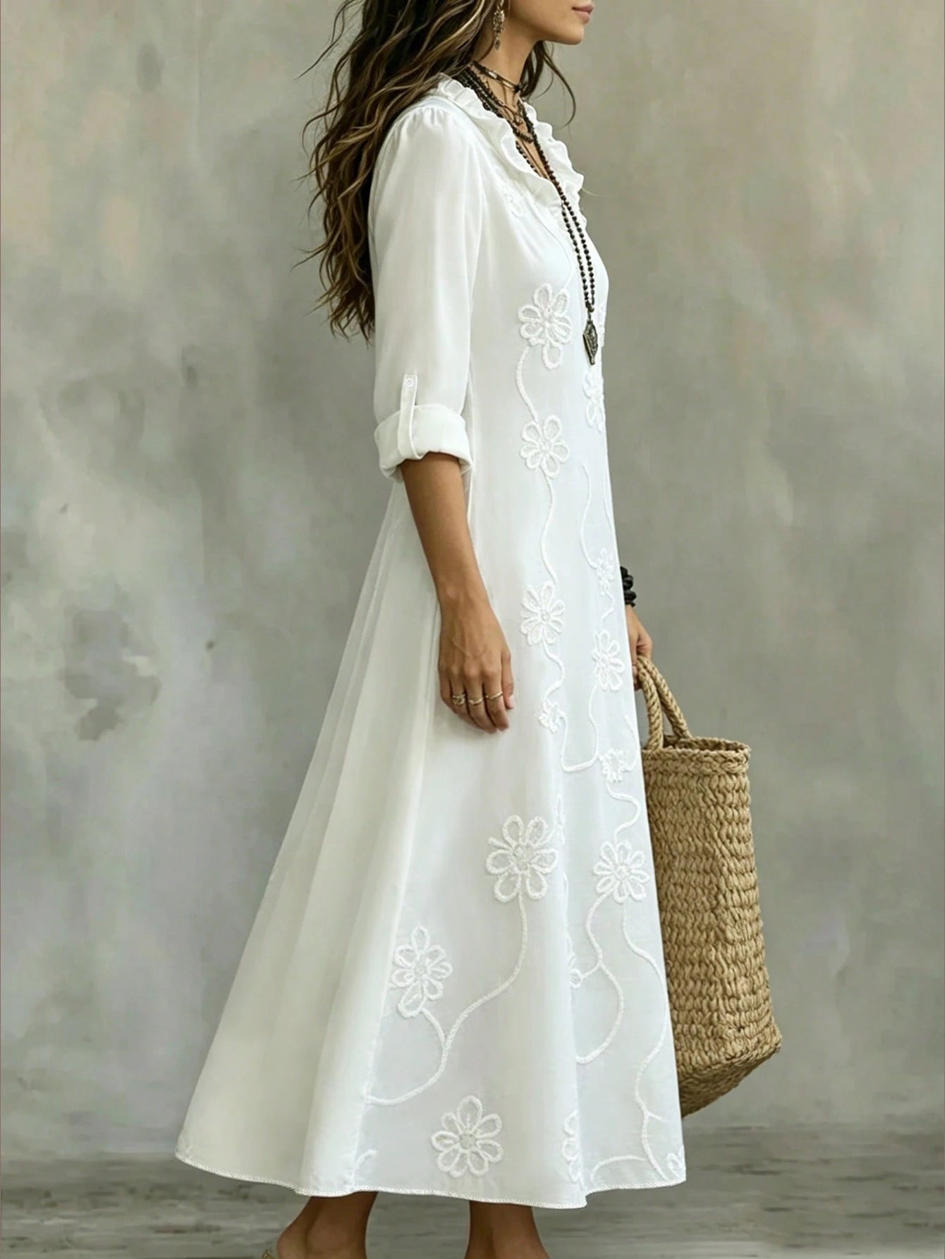 Omancia Women's Elegant Boho White Floral Embroidered Maxi