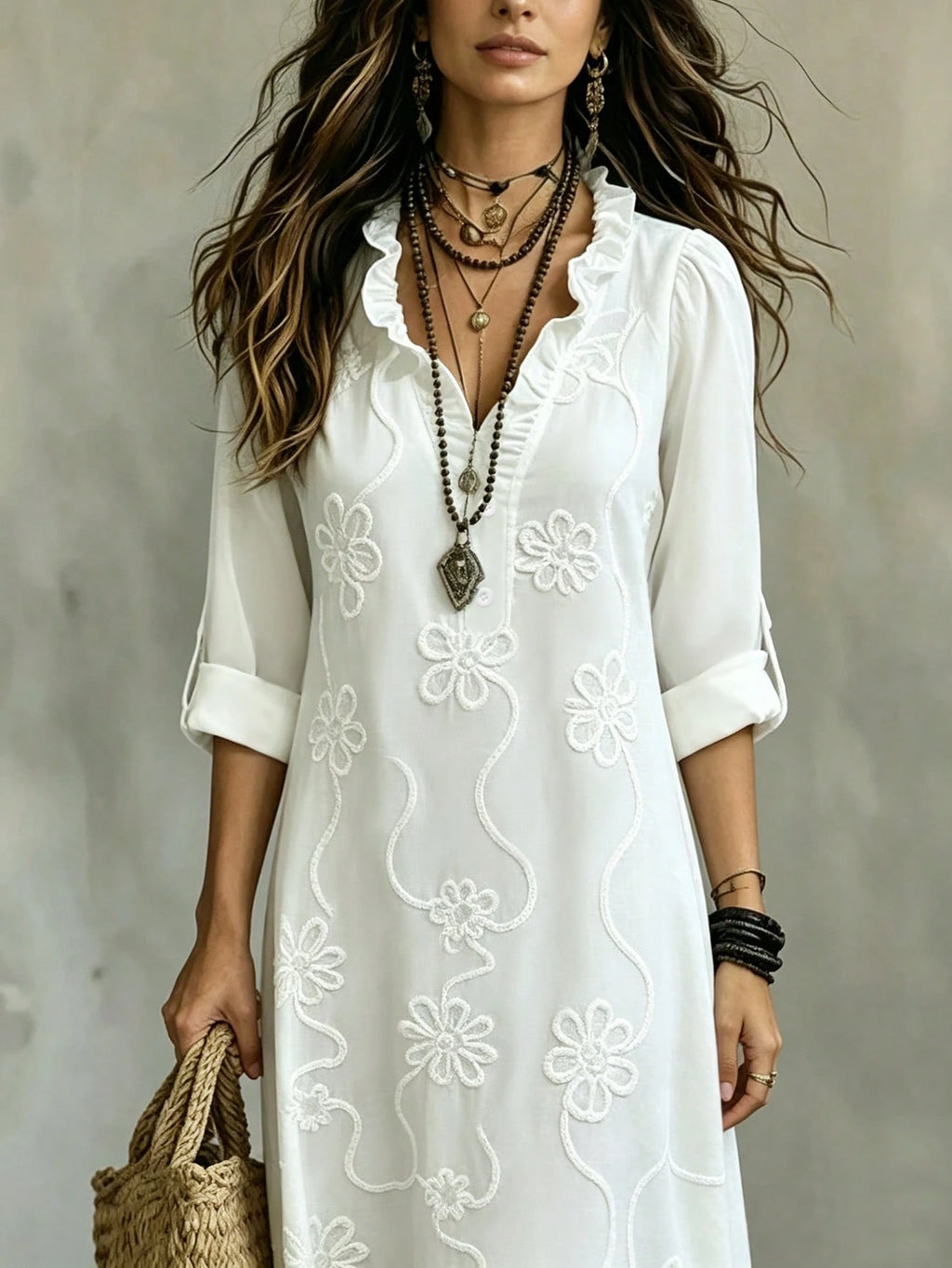 Omancia Women's Elegant Boho White Floral Embroidered Maxi