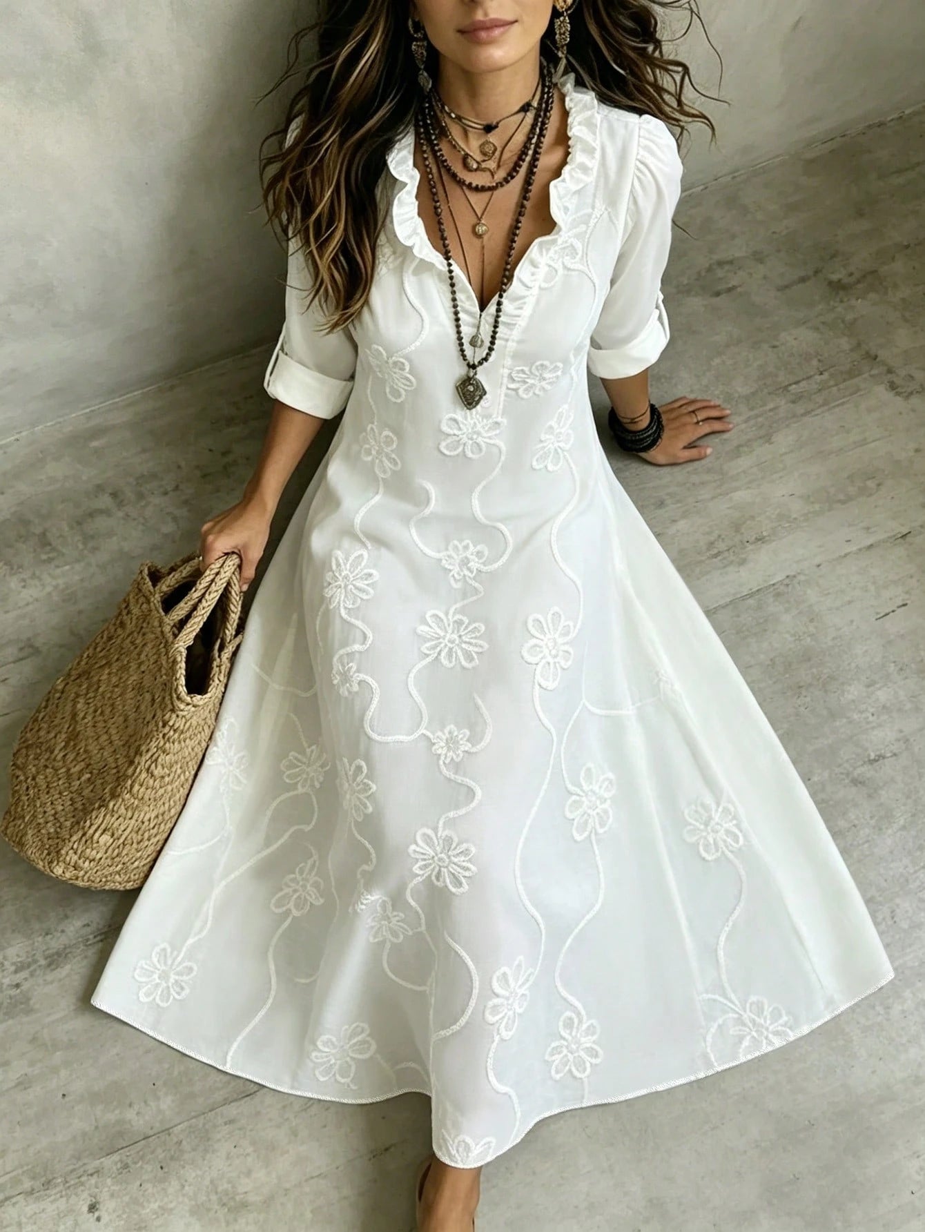 Omancia Women's Elegant Boho White Floral Embroidered Maxi Dress,Summer V-Neck Ruffle Long Sleeve Half-Button - image 5
