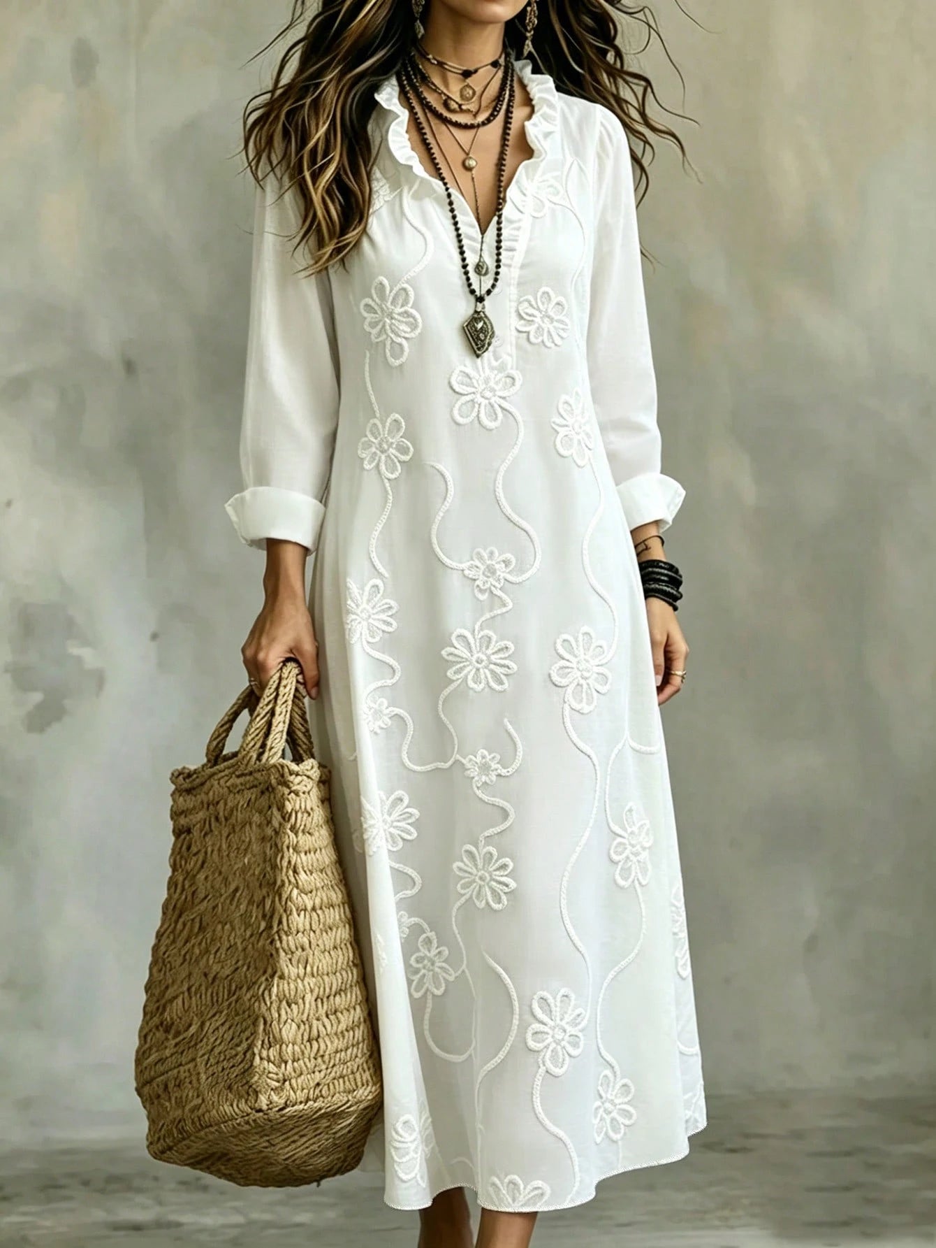 Omancia Women's Elegant Boho White Floral Embroidered Maxi